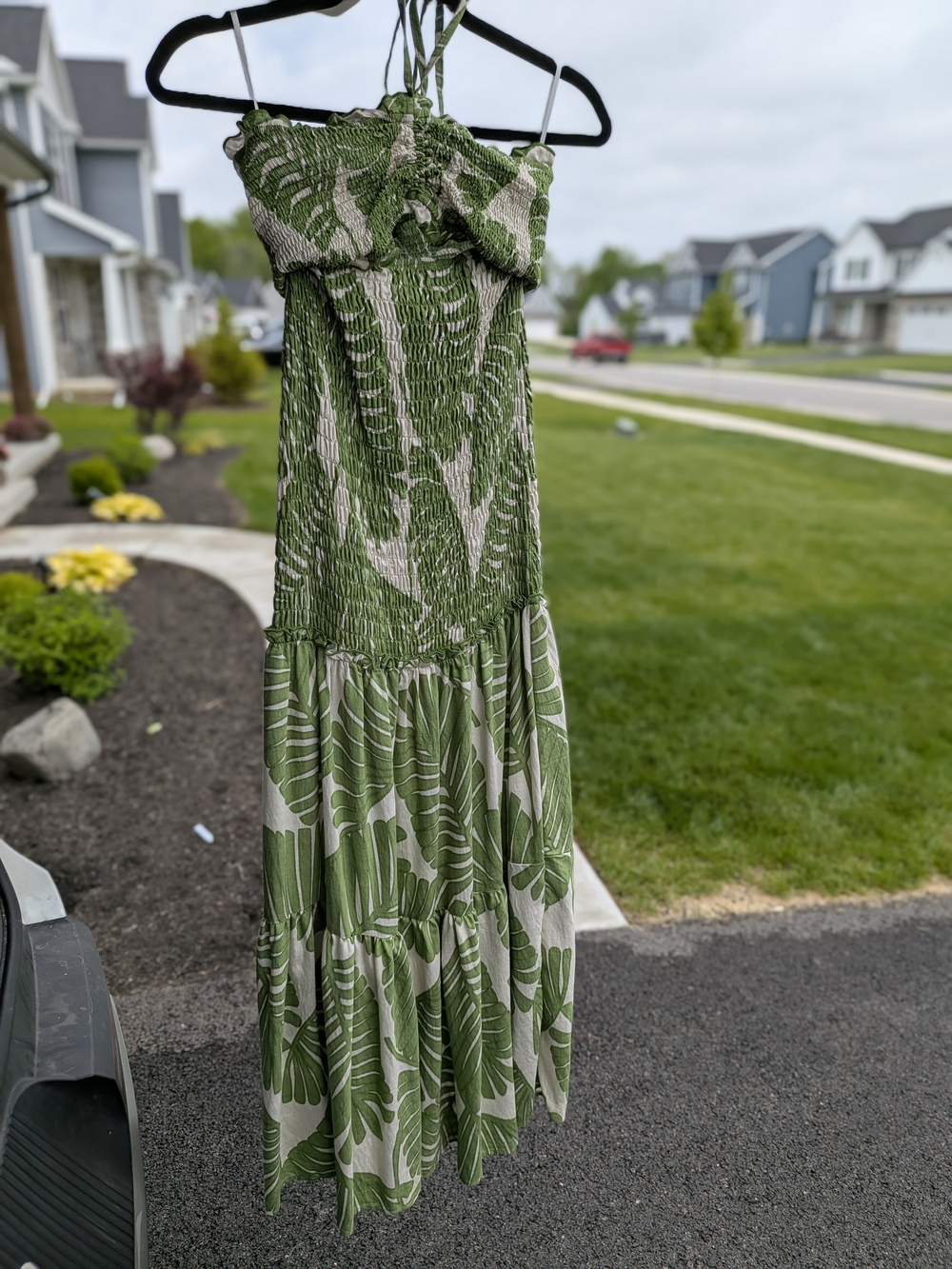 Smocked Green Tropical Leaf Maxi Dress with Tie Straps